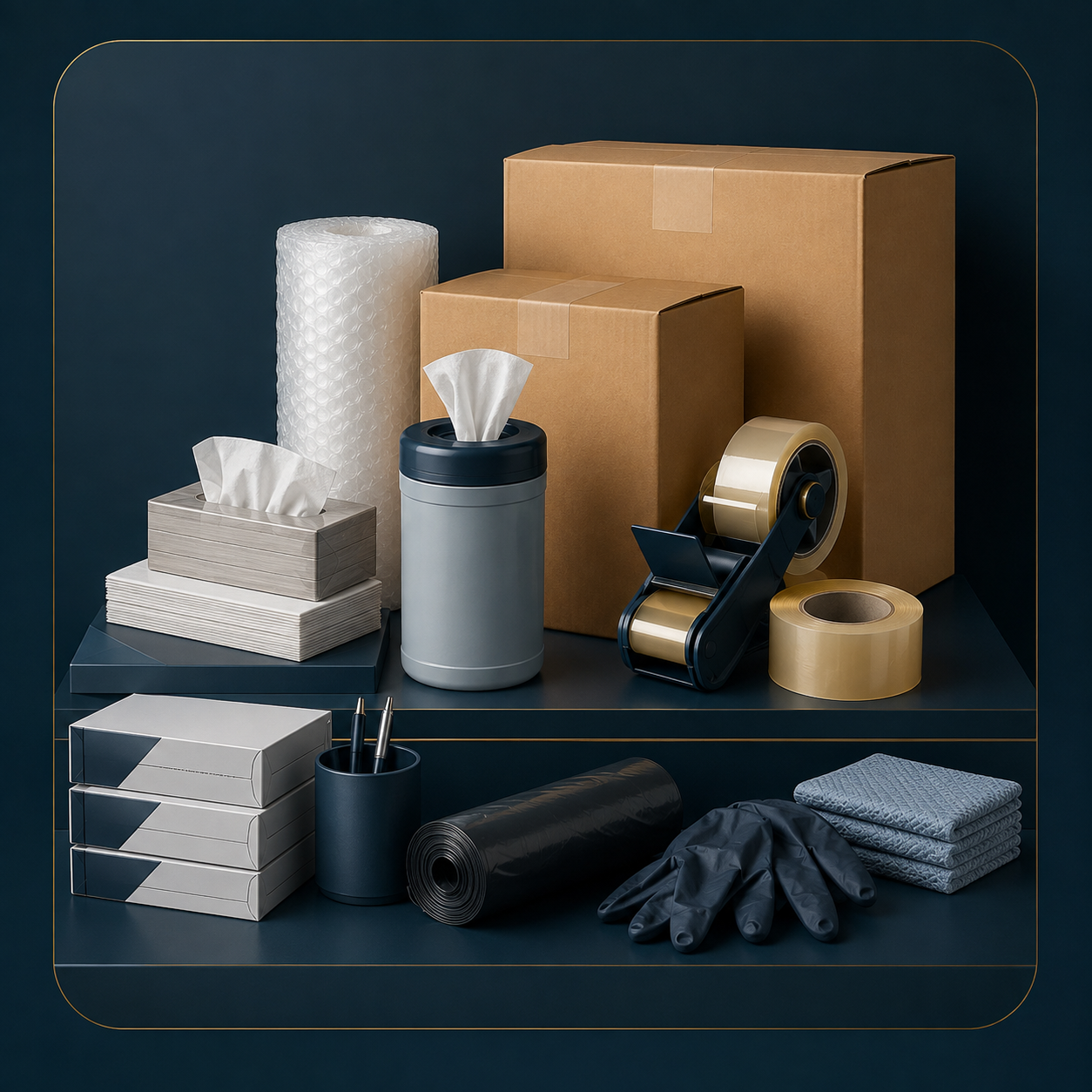 Organized display of packaging, cleaning, and workplace supply products